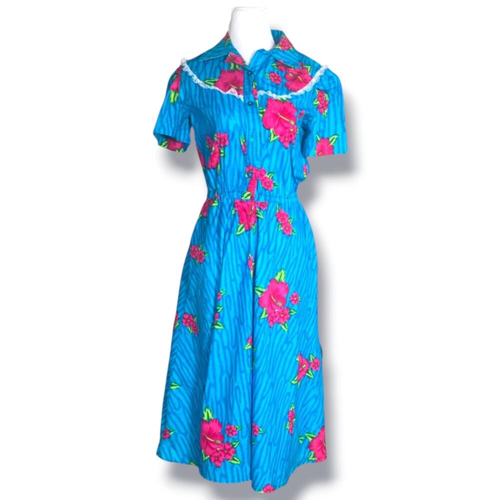 Vintage Handmade Hawaiian Dress Blue Pink Hibiscus Floral Midi Lace Collar